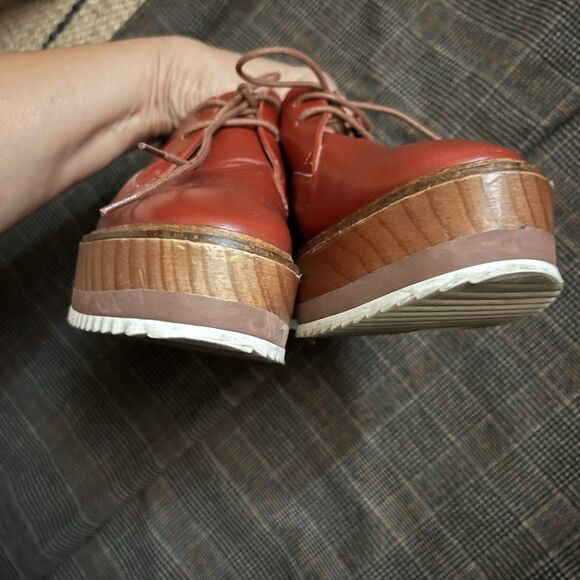 Zara Brick Red Wooden Platform Oxfords 70s Preppy Wedges Size 7.5 EU 38 - Picture 5 of 10